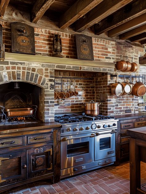 25 Cozy Farmhouse Kitchen Ideas for That Rustic Feel Wood Stove Oven Kitchen, Indoor Brick Oven, Oven In Fireplace Kitchen, Fireplace Kitchen Ideas, Brick Rustic House, Brick And Wood Kitchen, Brick Oven Kitchen, Brick Range Hood, Kitchen Fireplace Ideas