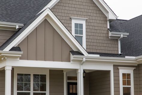 Shake Siding Exterior Accent, Gray Board And Batten Exterior, Cedar Shake Siding Colors, Camp Plans, Certainteed Siding, Shaker Siding, Cedar Shake Siding, Kim House, Exterior House Siding