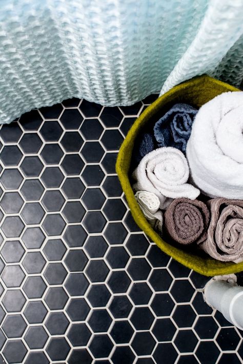 The Source for Cheap Tile Everybody Should Know About Black Hexagon Bathroom Floor, Black Hexagon Bathroom, Hexagon Bathroom Floor, Cheap Tile, Room Tiles Floor, Black Apartment, Cheap Tiles, One Room Apartment, Grey Floor Tiles