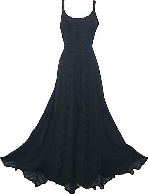 Top Rated Maxi Gothic Dress Corset Pagan Embroidered Black Size 10 12 14 16 18 20 22 24, Women's Dresses Black Goth Dress, Shirt Under Dress, Strega Fashion, Dress Corset, Witchy Fashion, Goth Dress, Dress Aesthetic, Rayon Dress, Eclectic Fashion