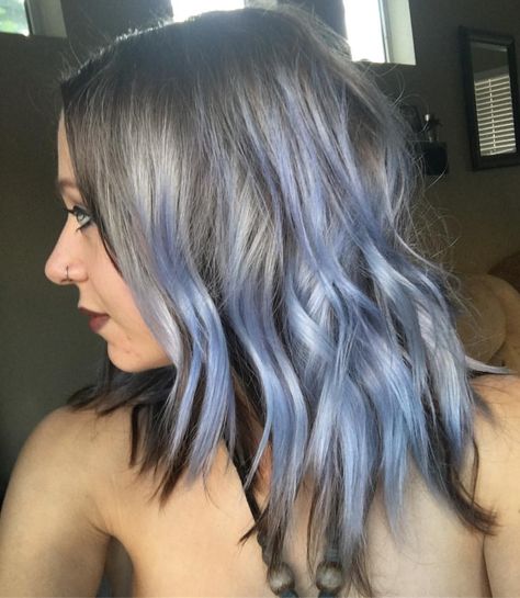 Periwinkle hair color by @have.a.good.hair.day #periwinkle #haircolor #unicornhair #hair #color #pastel #pastelhair Periwinkle Hair Highlights, Periwinkle Money Piece Hair, Dark Periwinkle Hair, Periwinkle Hair Dark Roots, Purple And Periwinkle Hair, Periwinkle Hair, Lilac Hair Color, Fantasy Hair Color, Midlength Haircuts