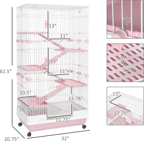 PawHut 60" Small Animal Cage with Wheels, 6-Level Portable Bunny Cage, Chinchilla Ferret Cage with Removable Tray, Platforms and Ramps, Pink Indoor Bunny House, Room For Pets, Indoor Bunny, Bunny Cage, Chinchilla Cage, Ferret Cage, Animal Cage, Best Trampoline, Bunny Cages