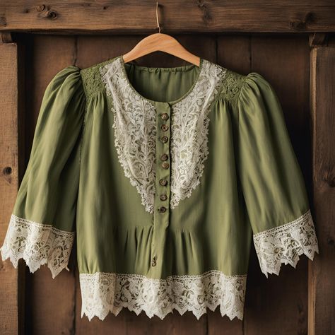 Green cottagecore blouse with romantic puff sleeves and lace detailing Green Cottagecore, Cottagecore Blouse, Green Blouse, Puff Sleeves, Lace Detail, Puff Sleeve, Lace, Green