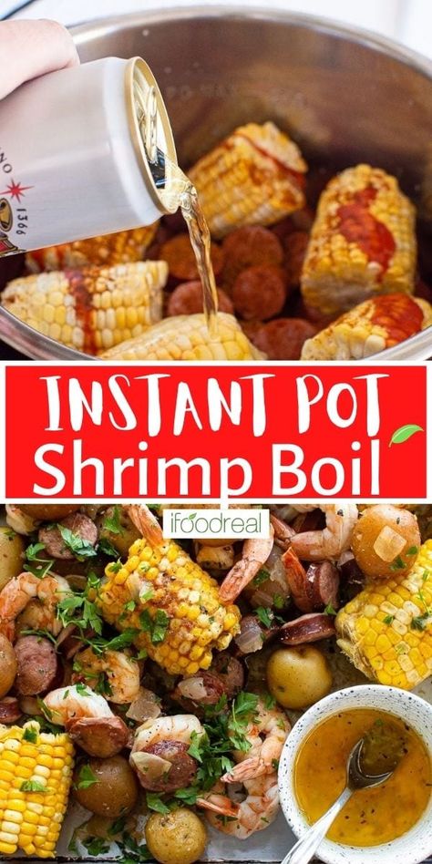 Instant Pot Shrimp Boil, Instant Pot Shrimp, Shrimp Boil Recipe, Potted Shrimp, Cooking With Beer, Boiled Food, Delicious Clean Eating, Healthy Salmon, Shrimp Boil