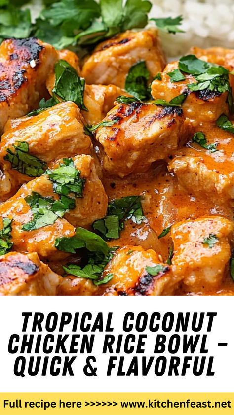 Discover a quick and flavorful Tropical Coconut Chicken Rice Bowl recipe! Ready in 35 minutes, it features tender chicken, jasmine rice, and fresh veggies in a creamy coconut sauce. Creamy Cilantro Chicken, Chicken With Coconut Aminos, Coconut Instant Rice, Coconut Aminos Stir Fry, Coconut Milk And Chicken Recipes, Chicken With Jasmine Rice Recipe, Coconut Rice Dishes, Thai Chicken Thigh Recipes, Chicken And Rice Dishes For Dinner