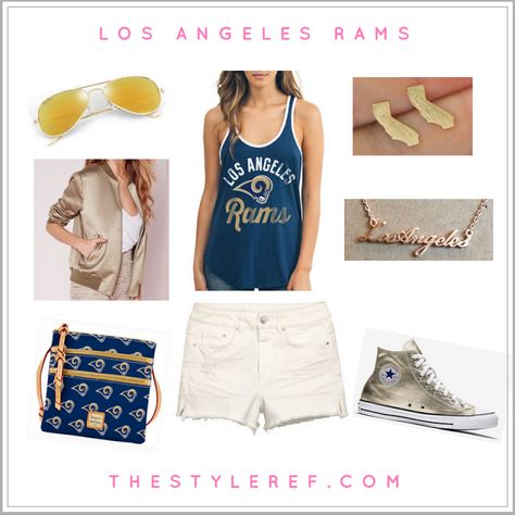 #TSRGamedayStyle outfit inspiration for #LA Rams fans. Gameday Fashion, La Rams, American Football Team, Super Bowl Sunday, Los Angeles Rams, Football Season, Sports Fan, Fashion Outfit, American Football