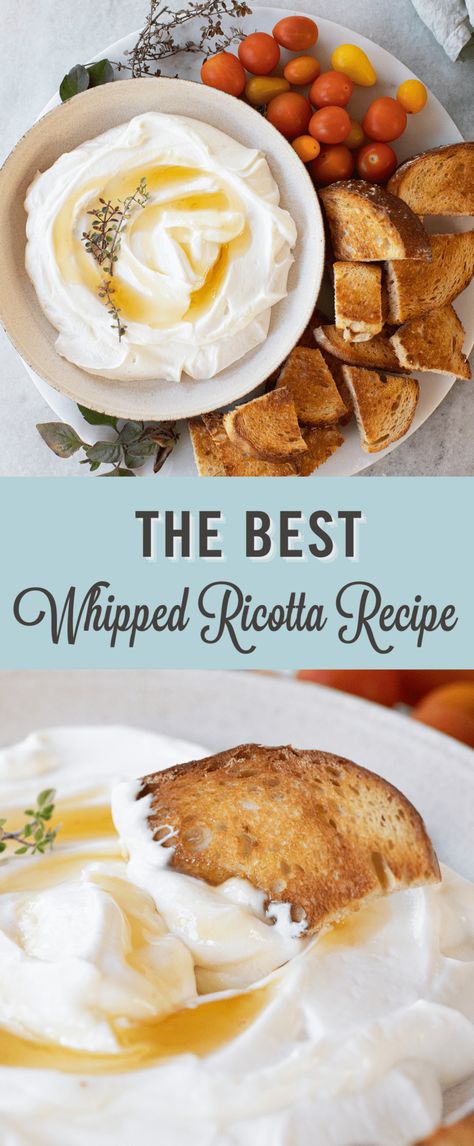 Simple Ricotta Recipes, Bruschetta Recipe Whipped Ricotta, Flavored Ricotta Cheese, Whipped Ricotta Sweet, Best Whipped Ricotta Dip, Ricotta Spread Recipes, Ricotta Snack Ideas, Whipped Ricotta Board, Ricotta Cheese Appetizers