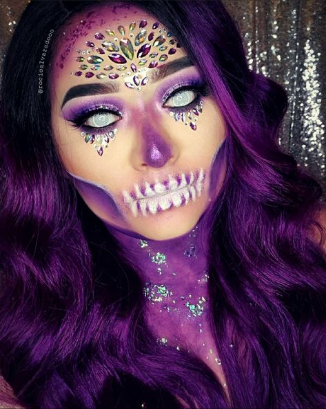 Easy Sugar Skull Makeup Tutorial, Easy Sugar Skull Makeup, Sugar Skull Makeup Tutorial, Catrina Makeup, Skull Makeup Tutorial, Makeup Purple, Sugar Skull Makeup, Makeup Challenges, Skull Makeup