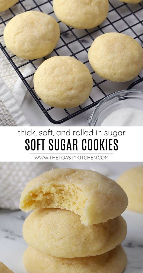 Soft sugar cookies recipe by The Toasty Kitchen. Soft sugar cookies are thick, tender cookies rolled in sugar to add a sweet, crunchy crust. The perfect cookie for year round, and a classic to add to your holiday cookie tray. #softsugarcookies #sugarcookies #homemade #cookierecipe #holidaycookies #recipe #dessert Tasty Sugar Cookie Recipe, Drop Style Sugar Cookies, Soft Sugar Christmas Cookies, Homade Sugar Cookies Recipe Easy, Soft Chewy Cookie Recipes, Whipped Sugar Cookies, Super Simple Cookie Recipe, Grandmas Sugar Cookies, Big Soft Sugar Cookie Recipe