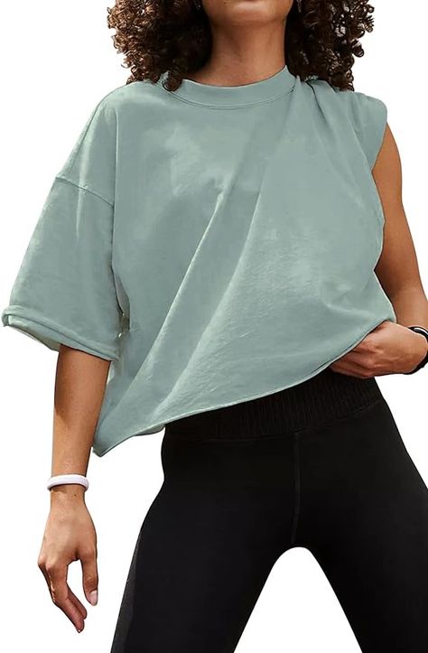 Women's Oversize Workout Crop Tops Casual Short Sleeve Drop Shoulder Boxy T-Shirts Roll Hem Basic Loose Yoga Running Tees Crop Tops Casual, Oversized Crop Top, Drop Shoulder Tee, Crop Top Casual, Loose Tees, Casual Summer Tops, Workout Crop Top, Tops Casual, Loose Fitting Tops