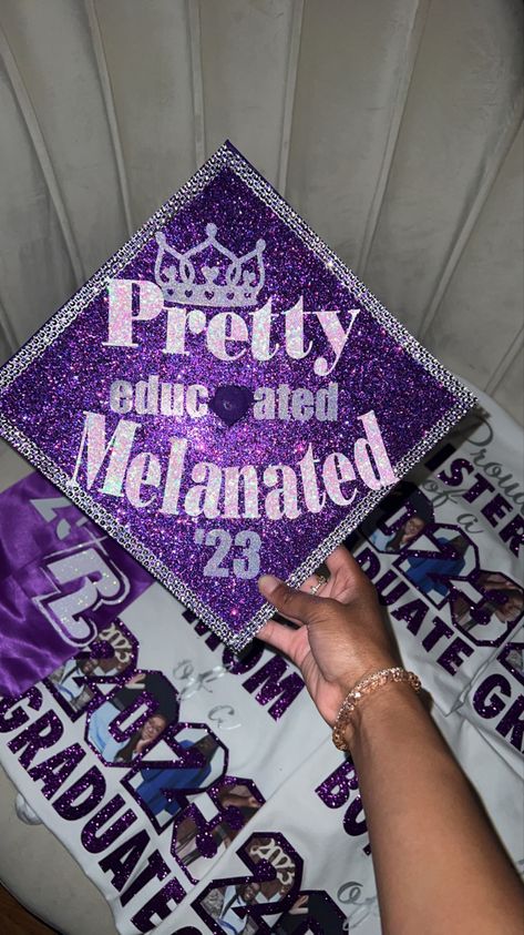 #fashion #graduation #graduationcapdesign #inspiration Purple Grad Cap Ideas, Purple Graduation Cap Designs, Grad Cap Ideas Purple, Graduation Cap Designs Purple, Sza Inspired Graduation Caps, Black Excellence Graduation Cap, Purple Graduation, Custom Graduation Caps, Graduation Cap Toppers