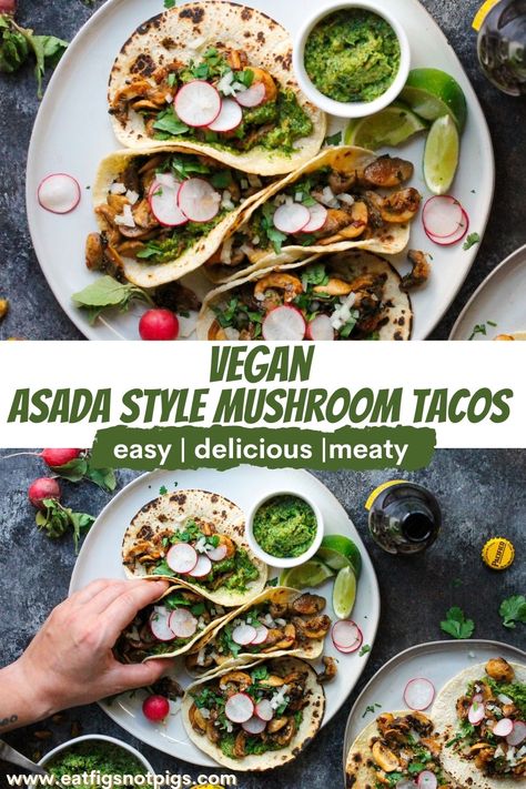 Mushroom Asada Tacos that are easy, but pack BIG flavor. Savory, juicy marinated mushrooms paired with an herbaceous pistachio gremolata, and simply topped with onions, cilantro and radishes. Easy | Delicious | Vegan Pistachio Gremolata, Mushroom Zucchini Recipe, Vegetarian Mushroom Recipes, Mushroom Tacos, Asada Tacos, Plant Based Recipes Dinner, Vegan Recipes Plant Based, Vegan Mexican Recipes, Marinated Mushrooms