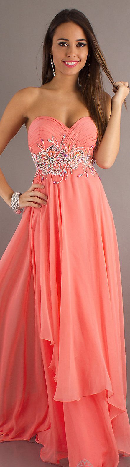 Formal long dress #coral #strapless Coral Prom Dresses, Coral Long Dress, Coral Dresses, Coral Prom Dress, Grad Dresses Long, Purple Homecoming Dress, Coral Bridesmaid Dresses, Robes D'occasion, Prom Date