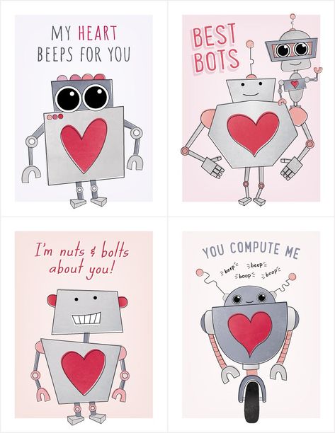 Cute Robot Valentine's Day Cards Robot Valentine Cards, Valentines Robots, Glow Stick Valentine, Valentine Card Crafts, Illustration Business Cards, Valentine Printables, Valentine Messages, Printable Valentines Cards, Glow Stick