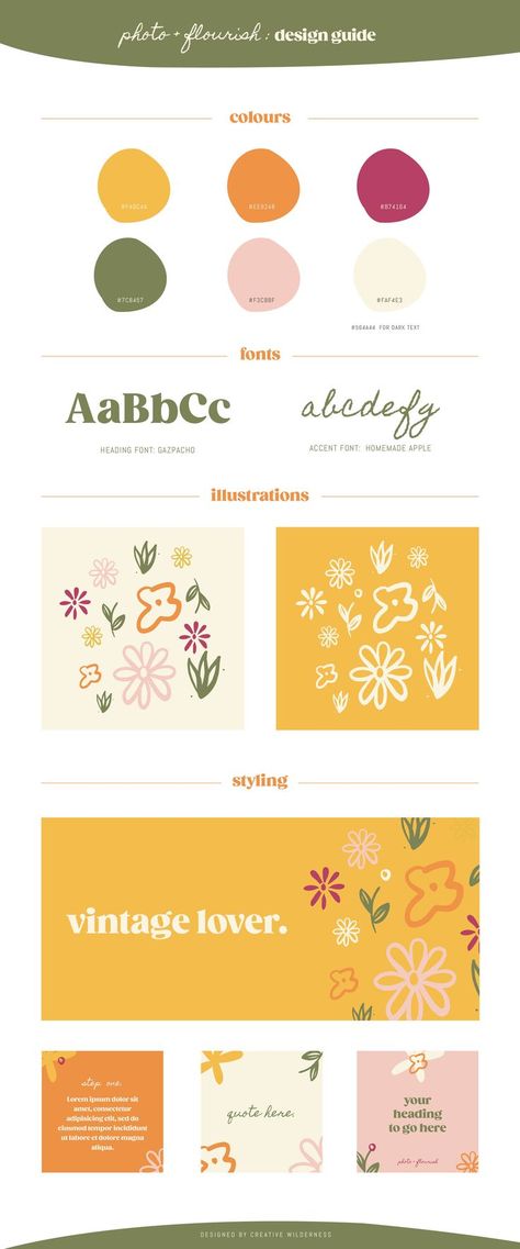 Flourish Logo Design, Vintage Floral Color Palette, Vintage Floral Fashion, Flower Business Branding, Branding Design Elements, Happy Branding Design, Cottagecore Branding Design, Retro Logo Ideas, Flower Brand Identity