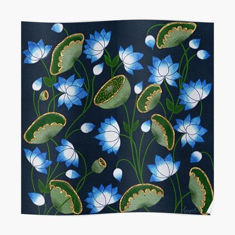 garden of the far east - Blue Lotus Pichwai painting SanareiDesigns Art Forms Of India, Lotus Flower Painting, Pichwai Art, Pichwai Painting, Lotus Painting, Boat Neck Blouse Design, Blue Lotus Flower, Painting On Clothes, Fabric Painting On Clothes