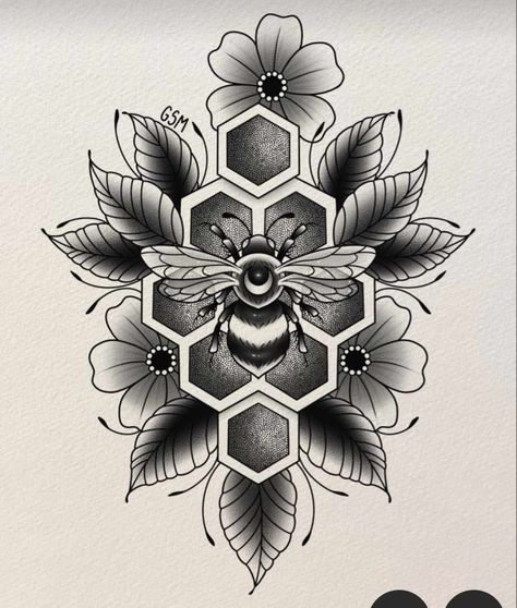 Beehive Knee Tattoo, Bee Throat Tattoos Women, Bee And Honeycomb Tattoo Ideas, Bee Tattoos With Honeycomb, Hexagon Sleeve Tattoo Design, Traditional Honeycomb Tattoo, Bee Honeycomb Tattoo Ideas, Bee And Moth Tattoo, Sunflower And Bee Tattoo Black And White