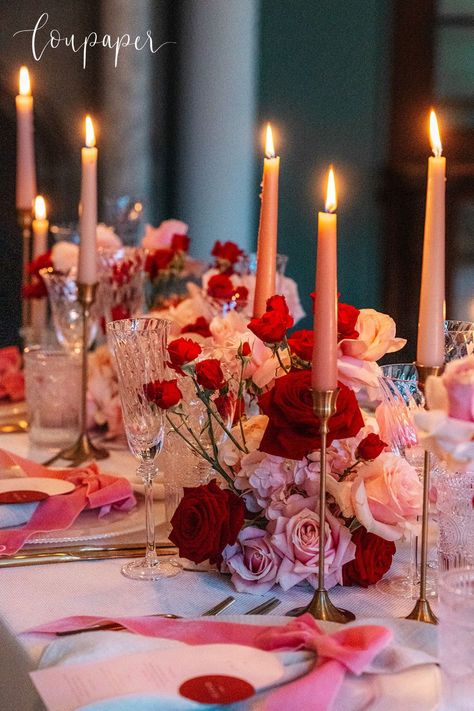 A gorgeous wedding pink and red colour palette for this styled shoot. At LouPaper I designed a curved menu on a pale pink card and a burgundy circle place name. Placed with a pretty pink velvet bow embroidered with the guests initials. Photo credit: Chloe Caldwell. Hint Of Red Wedding, Pink Floral Table Runner, Burgundy And Pink Birthday Party Ideas, Floral Alternative Centerpiece, Pink And Red Wedding Table Setting, Burgundy Palette Wedding, Burgundy And Pink Table Setting, Red And Pink Winter Wedding, Romantic Theme Wedding Decor