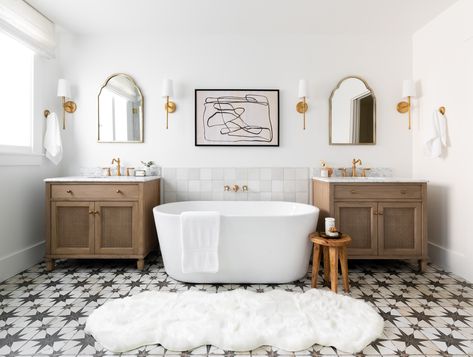 Tub Between Vanities, Mediterranean Bathroom, Kitchen Cabinet Kings, House Mediterranean, Stunning Bathrooms, Highland Homes, Hearth And Home, White Tiles, Bathroom Style