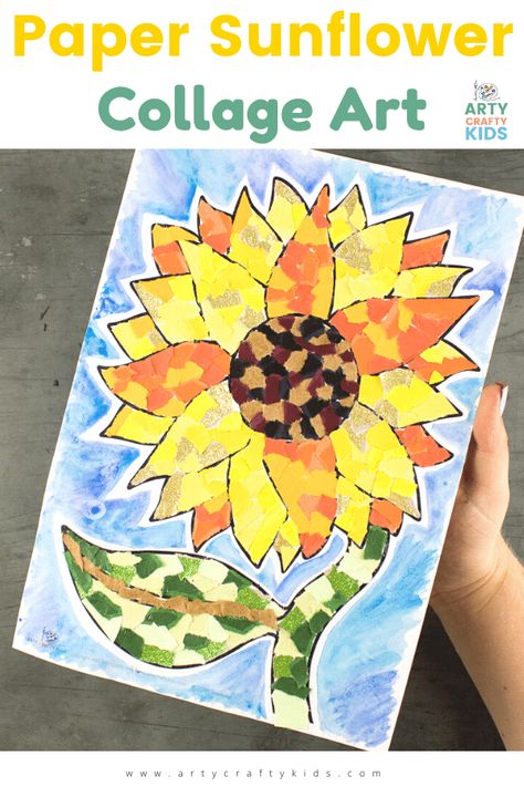 To recreate this beautiful Paper Sunflower Collage Art Project, you will need some brightly colored paper, glue and our printable sunflower template. Sunflower Origami, Sunflower Collage, Sunflower Art Project, Sunflower Fabric, September Art, Sunflower Embroidery, Sunflower Crafts, Paper Sunflowers, 4th Grade Art