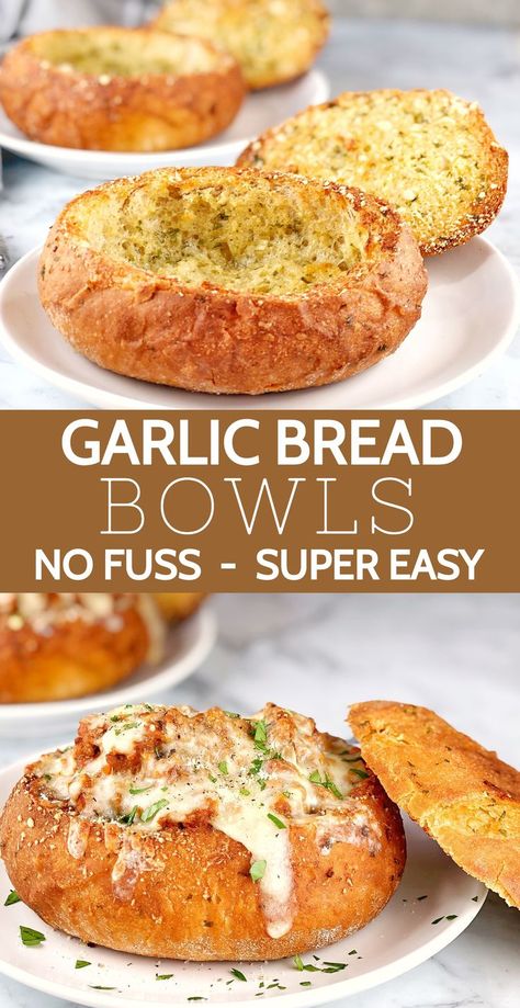 Bread Bowl Recipe - the easy way! Turn store-bought bread rolls, into crunchy garlic bread bowls! This easy recipe will show you how to make a bread bowl, and not just any bread bowl - garlic bread bowls! #chefnotrequired #breadbowls #garlicbread #quickrecipes Pasta Bread Bowl, Bread Bowl Soup, Savoury Scones, Crunchy Garlic, Homemade Bread Bowls, Bread Bowl Recipe, Savory Breads, Make Garlic Bread, Ladies Luncheon