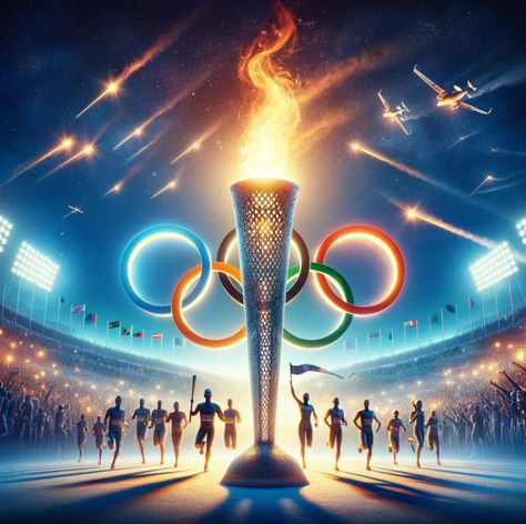 Olympic torch, rings, crowd and people running underneath to celebrate the games Olympic Games Aesthetic, Olympic Aesthetic, Olympics Aesthetic, Fire Sculpture, Olympic Shooting, Olympic Theme Party, Ram Ji Photo, Relay Games, Acro Yoga Poses