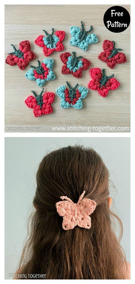 Hair Clip Free Crochet Patterns Butterflies Crochet, Crochet Bows Free Pattern, Crochet Centerpiece, Fall Crochet Projects, Crochet Butterfly Free Pattern, Crochet Keyring, Crochet Hair Bows, Easy Butterfly, Butterfly Crochet