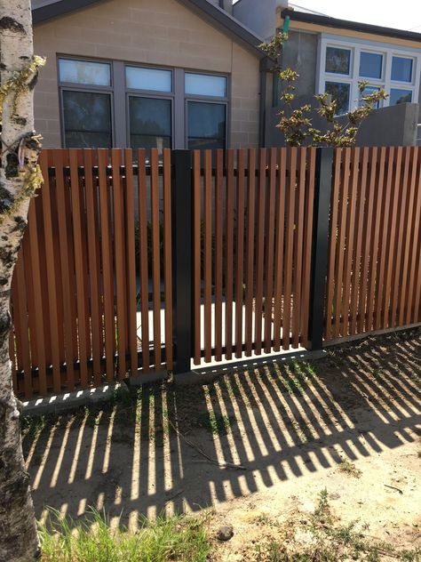 Modern Wood Gate Entrance, Wood Fence Styles, Wood Fence Metal Gate, Gate Design Modern Philippines, Fence Gate Metal And Wood, Metal Gate With Wood Slats, Philippines Fences And Gates, Pagar Modern, Fence Options