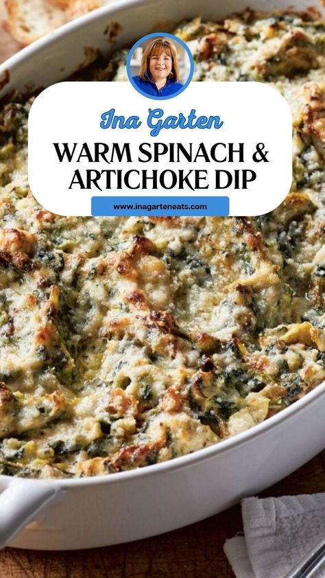 Ina Garten Warm Spinach & Artichoke Dip Spinach Artichoke Dip For Two, Ina Garten Dip Recipes, Spinach Artichoke Dip No Cream Cheese, Artichoke Dip Appetizers, Ina Garten Spinach Artichoke Dip, Ina Garten Appetizer Recipes, Artichoke Recipes Dip, Best Spinach And Artichoke Dip, Warm Spinach Artichoke Dip