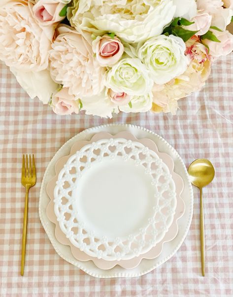 Pink Gingham Tablescape, Gingham Table Setting, Gingham Tablescape, Buffalo Check Tablecloth, Gingham Tablecloth, Gold Flatware, Artificial Peonies, Pink Decor, Pink Gingham