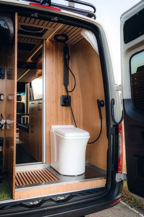 Shaidens solution Campervan Bathroom, Camper Van Ideas, Van Bathroom, Kombi Food Truck, Mercedes Camper, Camper Interior Design, Travel Camper, Sprinter Camper, Campervan Life