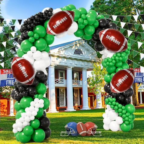 PRICES MAY VARY. Football Themed Balloon Kit: Get ready for the ultimate football-themed party with our 152pcs football balloon garland kit! This matt dark green, white, and black garland is the perfect addition to your next football touchdown birthday party or Super Bowl celebration. With 4 pcs of aluminum foil football balloons, and glue dot chains The set allows you to create a cheerful and energetic atmosphere, perfect for sports themed parties. Easy to Assemble: Make these football party ba Football Birthday Party Ideas Decoration, Sports Balloon Arch, Football Balloon Garland, Balloon Football, Football Party Balloons, Ball Theme Party, Black Garland, Football Watch Party, Homecoming Decorations