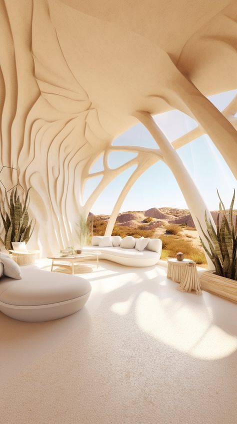 Step into this modern desert hut with a stunning white interior, infused with Afrofuturism-inspired design, embrace light beige & gold tones, eco-friendly craftsmanship, and natural fibers, all set against the backdrop of the Australian landscape, experience a visionary, otherworldly retreat in harmony with nature. #Afrofuturism #EcoFriendlyDesign #DesertOasis #neutrals #homeinspiration #homedesign #livingroom Dubai Images, Mountain Hotel, Modern Desert, In Harmony With Nature, Australian Landscape, Desert Design, Modern Magic, Harmony With Nature, Desert Oasis