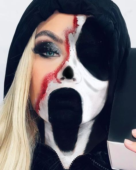 Ghost Face Makeup Ideas, Ghost Face Makeup Look, Ghost Face Face Paint, Beautiful Ghost Makeup, Ghost Face Halloween Makeup, Black And White Makeup Halloween, Halloween Makeup Black And White, Ghost Makeup Look, Diy Horror Costume Women