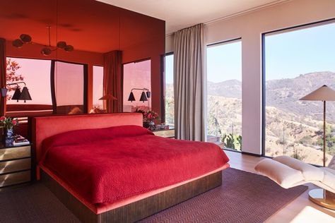 Bed Studio Apartment, Studio Shamshiri, Dramatic Bedroom, Red Bed, Sophia Amoruso, Hillside House, Suede Shorts, Los Angeles Homes, California Homes