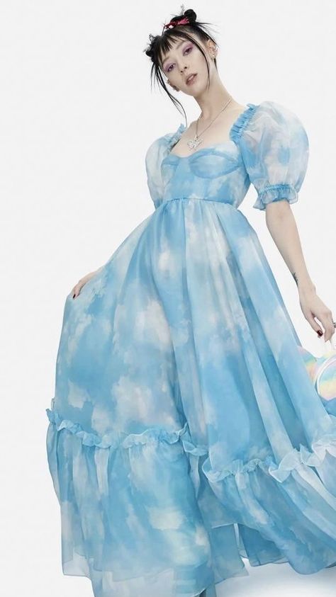 Cloud Dress Gowns, Disco Moodboard, Queer Prom, Cloud Fashion, Cloud Dress, Cloud Theme, Prom Themes, Sky Blue Dress, Disco Fashion