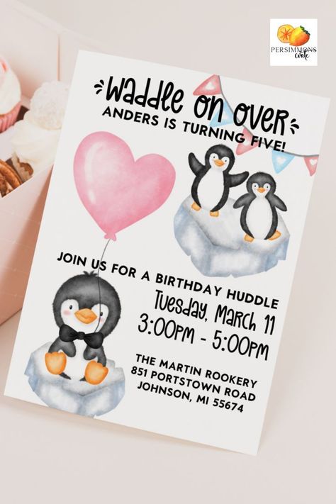 Waddle on over for a birthday party! We have a handful of invites featuring these cute little buddies. Check it out in our Etsy shop! Penguin Birthday Party Ideas, Penguin First Birthday, Penguin Themed Birthday Party, Fifth Birthday Party, Penguin Birthday Party, Penguin Theme, Penguin Birthday, Fifth Birthday, Penguin Party