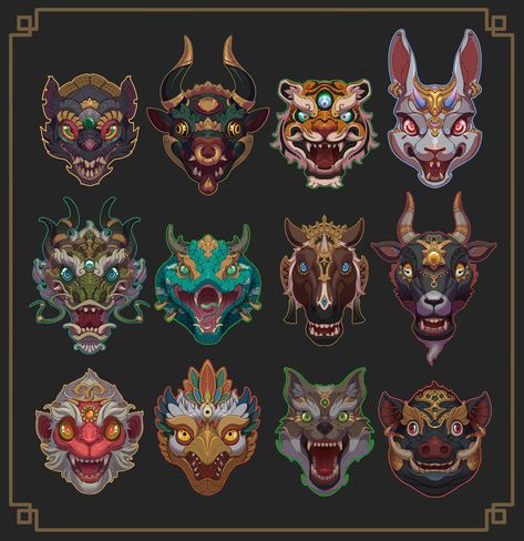 Animal Mask Drawing, Chinese Dragon Mask, Mask Reference, Chinese Zodiac Tattoo, Horoscope Symbols, Concept Inspiration, Zodiac Characters, Art Chinois, In A Rut