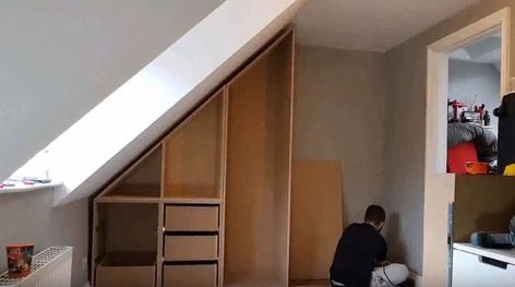 installing a sloped ceiling wardrobe in 2 minutes Sloped Ceiling Wardrobe, Diy Built In Wardrobes, Buying A Manufactured Home, Cheap Closet, Builder Grade Kitchen, Sloping Roof, Farmhouse Trends, Slanted Ceiling, Reclaimed Doors