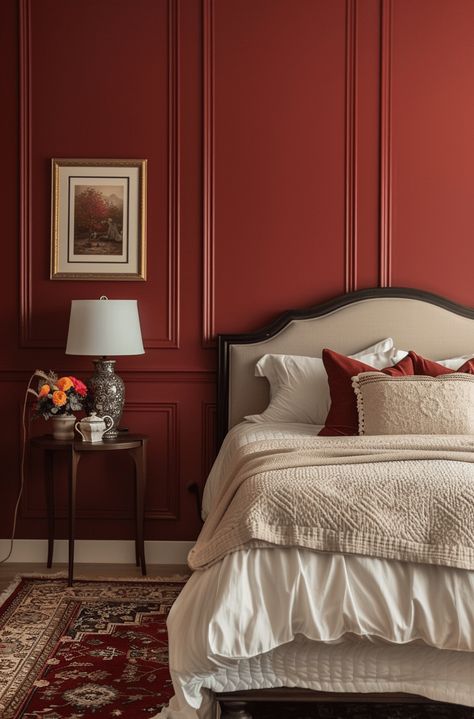 Discover the intriguing trend of the Unexpected Red Theory. Learn 5 elegant tips to incorporate red into your space. Red Wall With White Wainscoting, Interior Design Red Accents, Bedroom Red Accent Wall, Red Feature Wall, Elegant Tips, Red Theory, Mom Room, Red Interior Design, Red Accent Wall