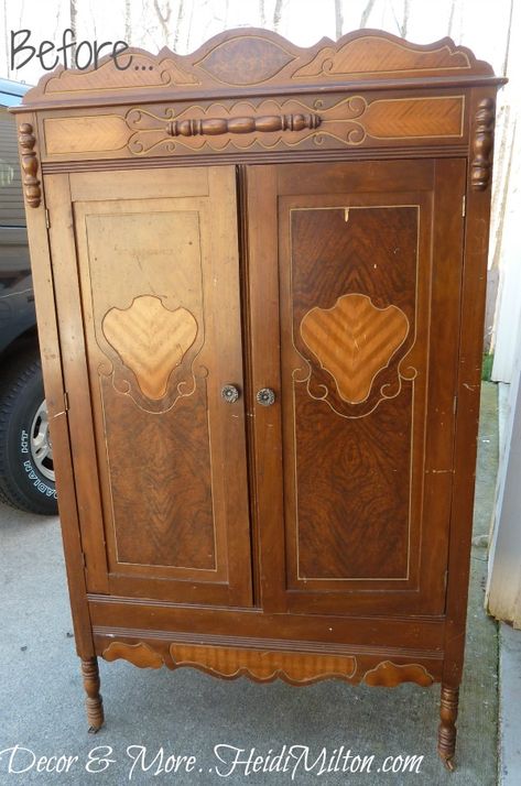 I updated this small armoire with a very beat-up finish using Versailles chalk paint. My favorite part though is the chalkboard and corkboard treaments to the i… Antique Wardrobe Makeover, Small Armoire, Paris Ideas, Armoire Makeover, Vintage Armoire, Armoire Dresser, Upcycle Furniture, Repainting Furniture, Buffalo Plaid Christmas Decor