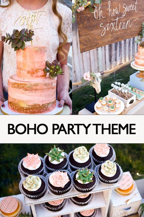 Boho Succulent Birthday Party, Sweet Sixteen Boho Theme, Boho Style Cake Birthday, Diy Boho Cake, Boho 18th Birthday Party, Succulent Party Ideas, Boho Chic Sweet 16 Party Ideas, Boho Chic Birthday Cake, Boho 13th Birthday Party Ideas