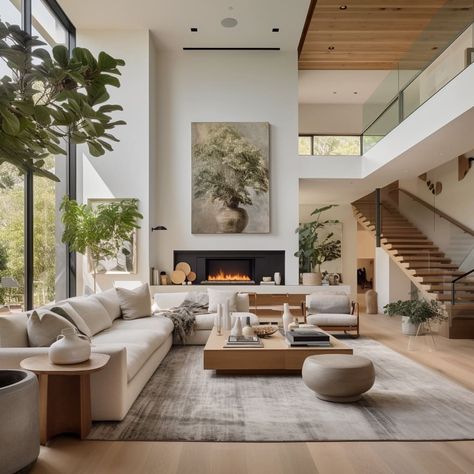 Japandi Style Living Room, High Ceiling Living Room, American Interior, Home Design Living Room, Minimalist Living, Casas De Ensueño, Minimalist Living Room, Organic Modern, Design Living Room