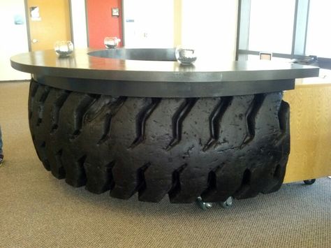 Check out this bar at the Minnesota Discovery Center in Chisholm made from an old mining truck tire. Talk about repurposing! Tire Shop Decor Ideas, Tires Diy, Tire Projects, Mining Truck, Cash Counter, Tire Shop, Auto Shop, Truck Tyres, Tyre Shop