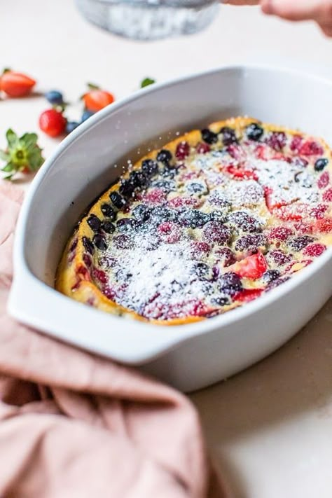 This warm berry custard called a Flaugnarde, similar to clafoutis, may sound fancy, but you won’t believe how easy it is to whip up! #custard French Custard, Ww Desserts, Skinny Taste Recipes, Almond Cakes, Ww Recipes, Mixed Berries, Healthy Sweets, Fruit Desserts, Custard