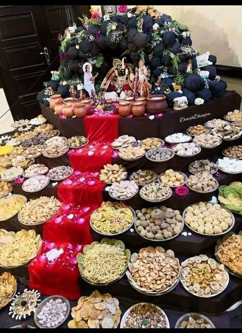 Krishna Astami Photos Decoration, 56 Bhog Thali For Krishna, Chappan Bhog Decoration, Annakut Decoration, Govardhan Parvat Decoration, Mehndi Decoration Ideas At Home, Gymnastics Room Decor, Krishna Decoration, Gauri Decoration