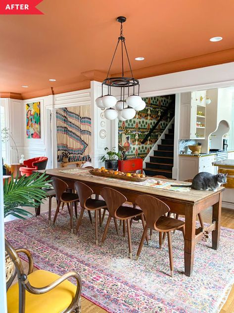 Before & After: A Bland Dining Room Gets a Welcoming Makeover | Kitchn Modern Eclectic Dining Room, Orange Dining Room, Eclectic Dining Room, Eclectic Dining, Living Room Redo, Dining Room Spaces, White Dining Room, Small Kitchens, Room Redo