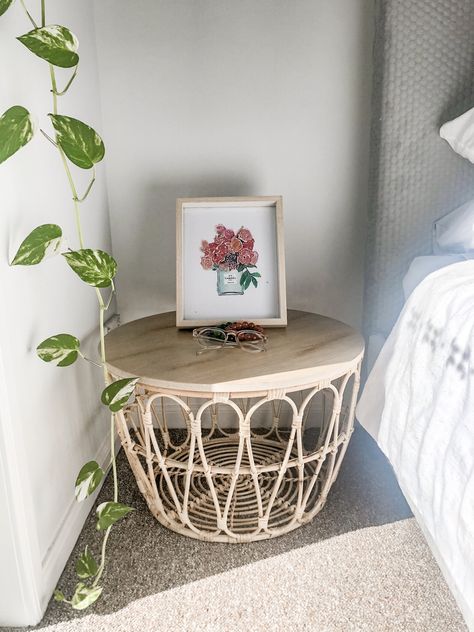 Ikea basket turned into a bedside table Ikea Bedside Table, Ikea Bedside, Ikea Basket, Diy Boho Decor, Decorating Ideas For The Home, Diy Ikea, Summer Decorating Ideas, Backyard Fire, Summer Decorating