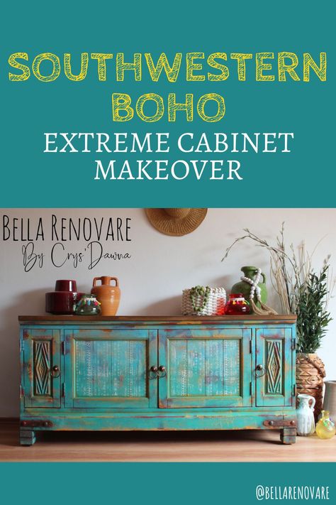 Diy Boho Buffet Cabinet, Southwest Furniture Painted, Southwest Painted Furniture, Boho Furniture Makeover, Japandi Studio, Diy Buffet Table, Southwestern Furniture, House Mexico, Southwest Furniture