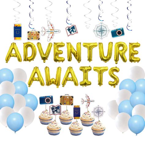 Bon Voyage Party Decorations, Adventure Awaits Party, Happy Retirement Decorations, Farewell Decorations, Bon Voyage Party, Retirement Decorations, Camping Classroom, Adventure Decor, Travel Party Theme